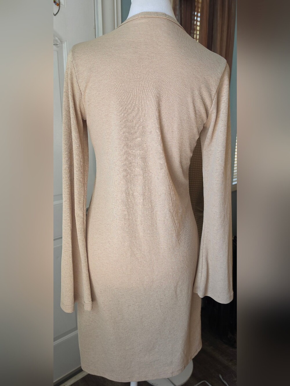 Y2K Vintage Forever 21 Longline Tie-Front Cardigan Womens M Tan Long Bell Sleeve - Picture 4 of 12